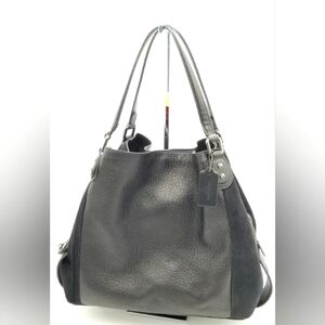 Coach Designer Black Suede & Leather Edie Turn Lock Shoulder Bag Purse